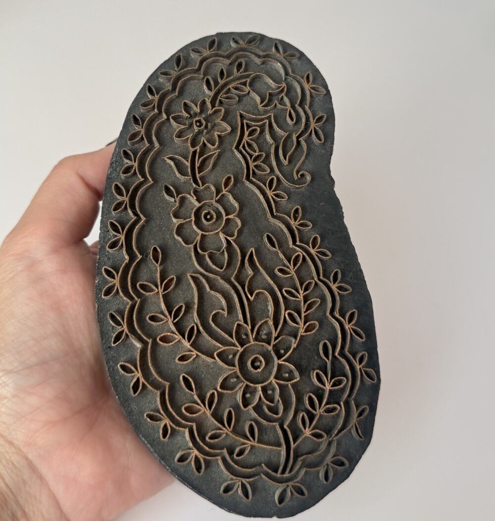 Vintage Wood & Metal Textile Printing Block Floral Fabric Stamp 6”